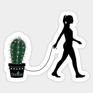 "Here Boy!" a woman taking a cactus for a walk Sticker